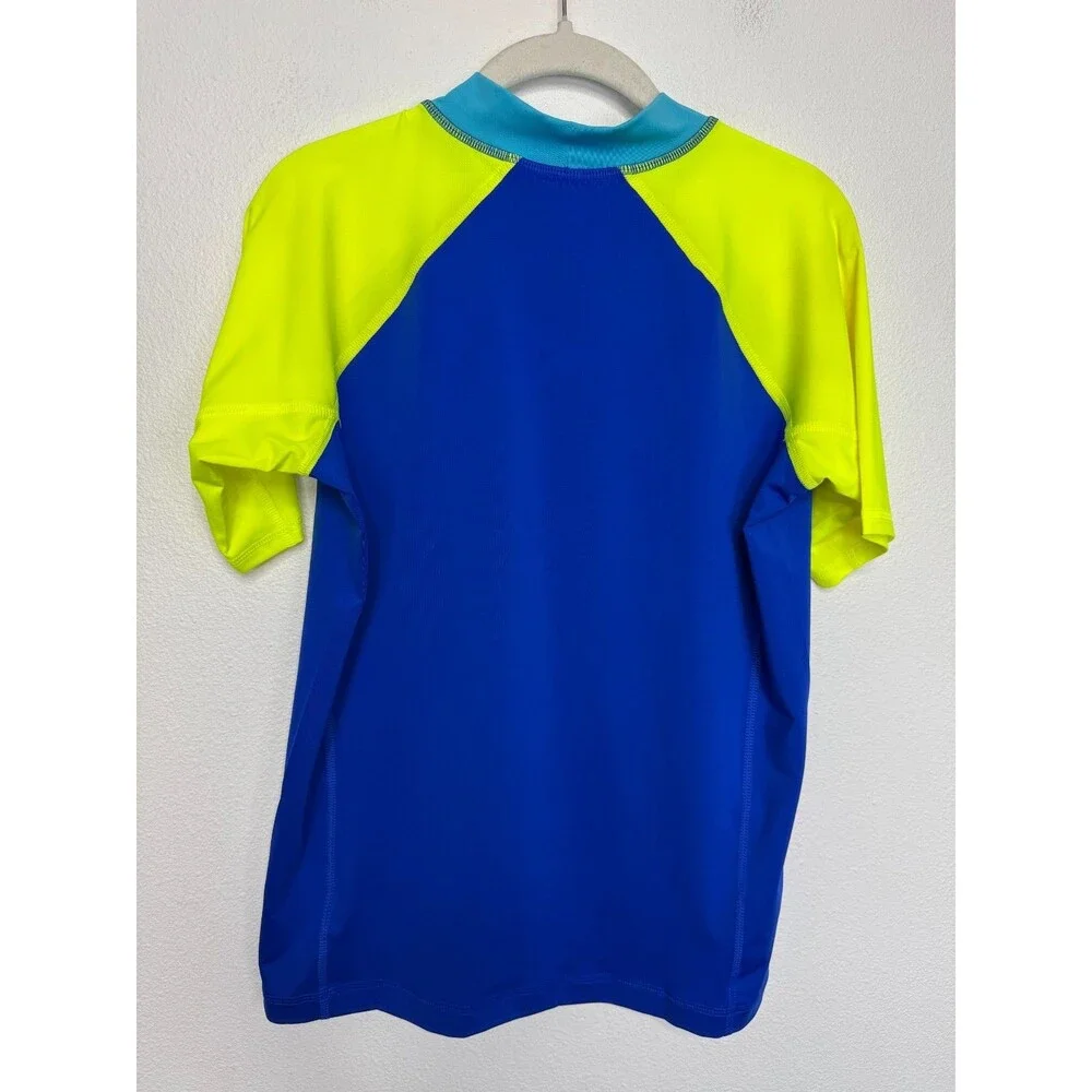 Lands End Boys XL Husky Rash Guard Blue Green Colorblock Crewneck UPF 50 Stretch